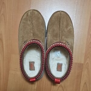 Brown Suede Slippers with Red Trim